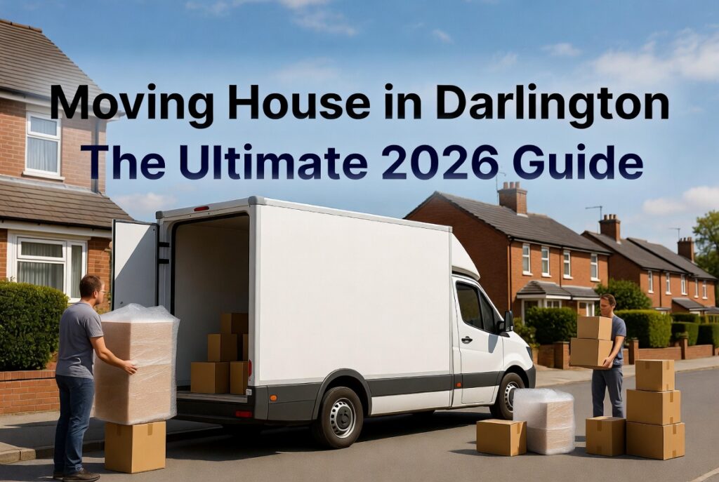 Moving House in Darlington 2026 - Professional Movers Packing Boxes and Wrapping Furniture Outside a Terraced House