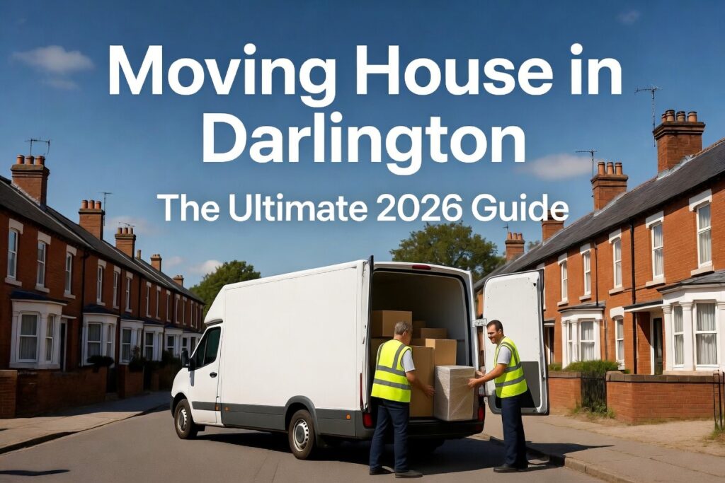 Moving house in Darlington 2026 - professional man and van loading boxes on a sunny street in Darlington