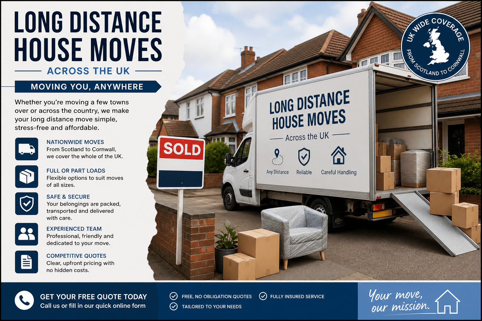 Long Distance House Move in the Uk - Jonathan's Light Haulage Banner Advertising Long-distance House Moves Across the Uk, Featuring a Moving Truck in a Suburban Street and a 'sold' Sign with a Blue and White Color Scheme.